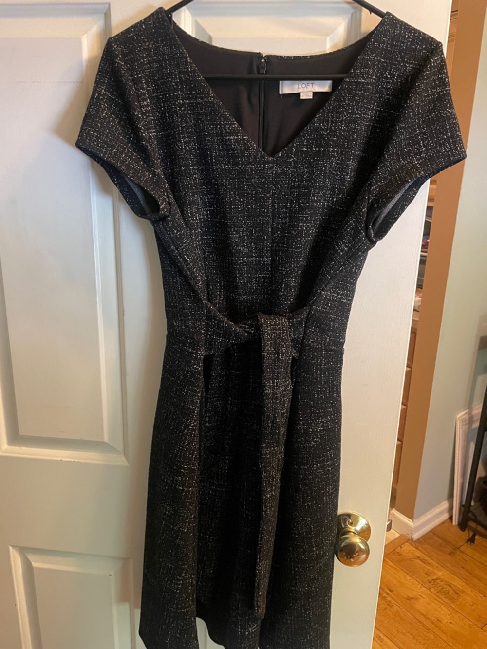 LOFT Black Tweedy V-Neck Belted Dress